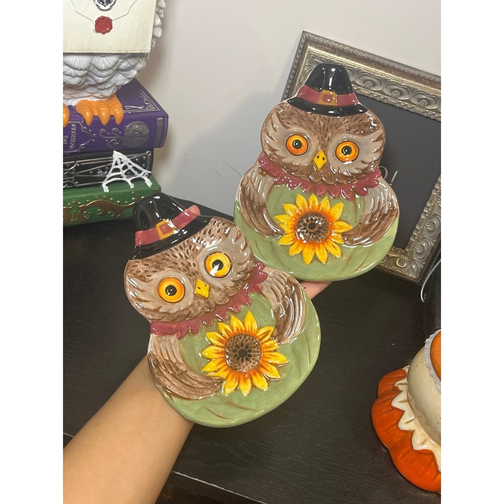 Johanna Parker Thanksgiving Fall Owl Sunflower Pilgrim Hat Trinket Plates (2)